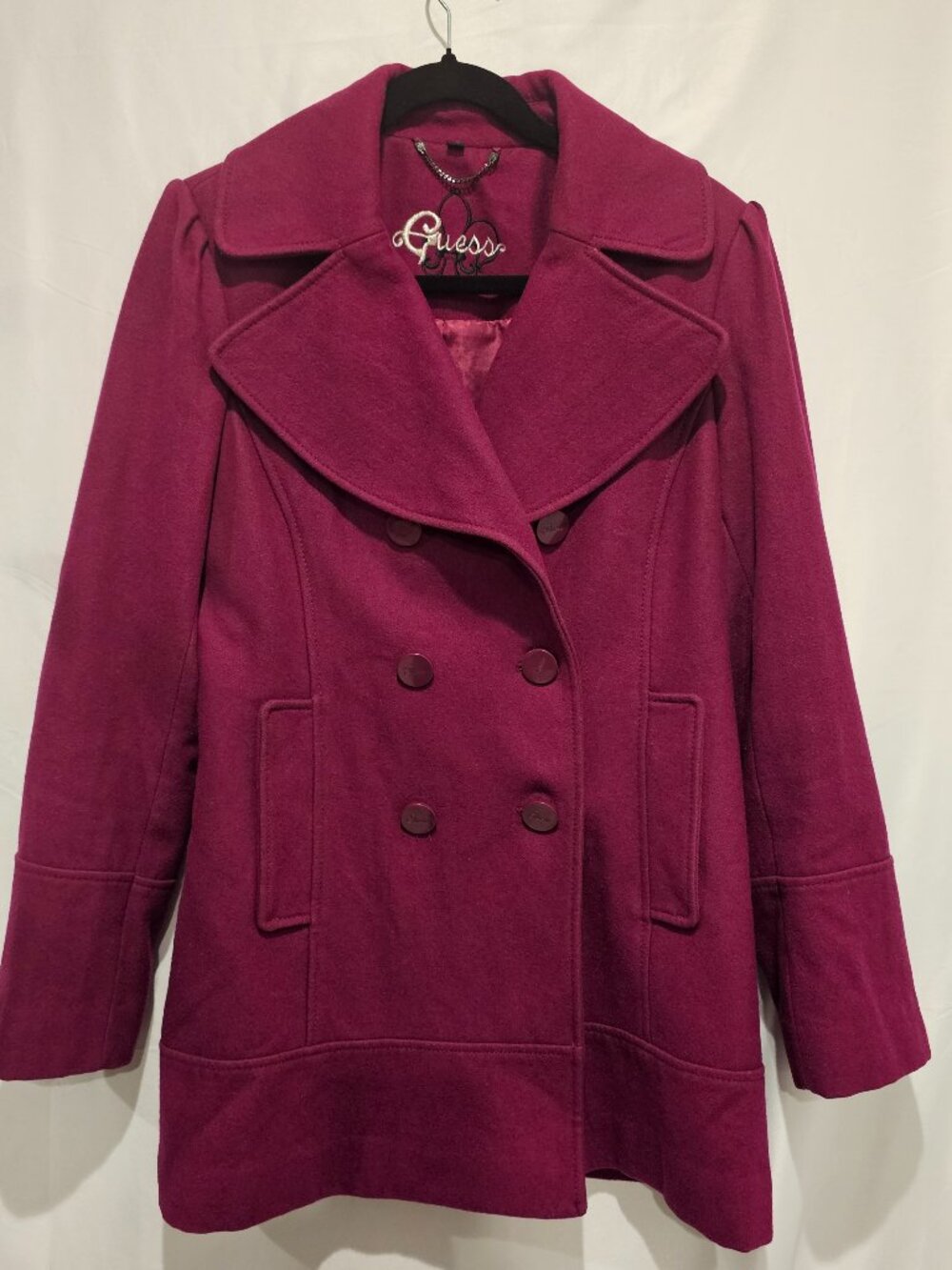 Guess Women's Wool Blend Pea Coat XL Magenta Fuchsia Pink Double Breasted Jacket